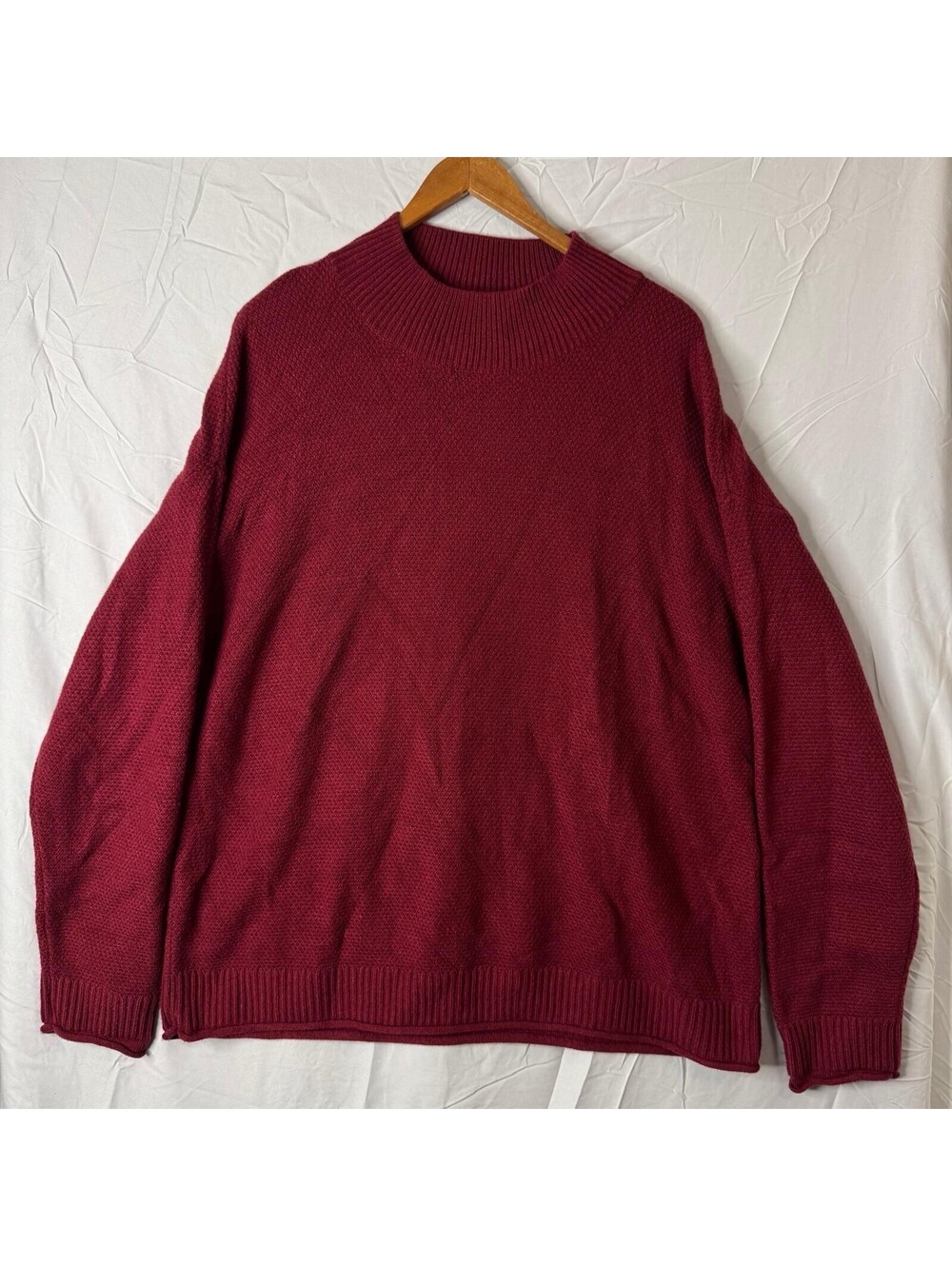 MEROKEETY Sweater Top Womens M Burgundy Mock Neck Boucle Knit Oversized